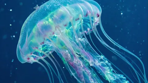 The jellyfish rises, the bell pulsing. Water fills the whole field — nothing suggests this is not the ocean.