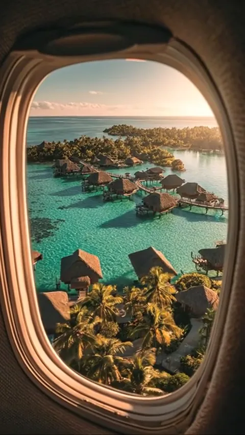 A view through an aircraft window: a turquoise lagoon, rows of overwater bungalows, palms on a sand spit. The window fra