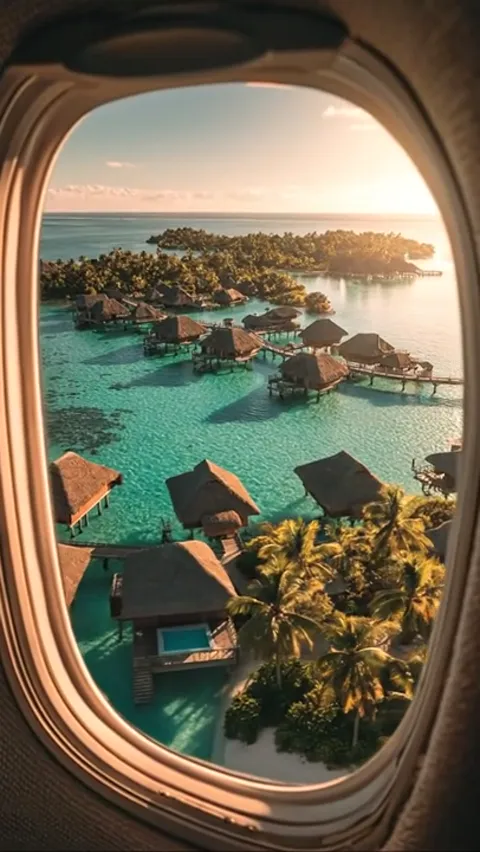 The aircraft descends and the bungalows come closer. They are linked by wooden walkways into a single line above the wat