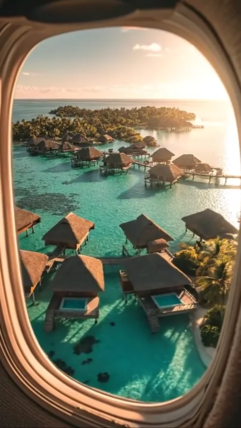 Lower still: the lagoon floor is visible through the water and the bungalow shadows lie on the sand. Clarity shown throu