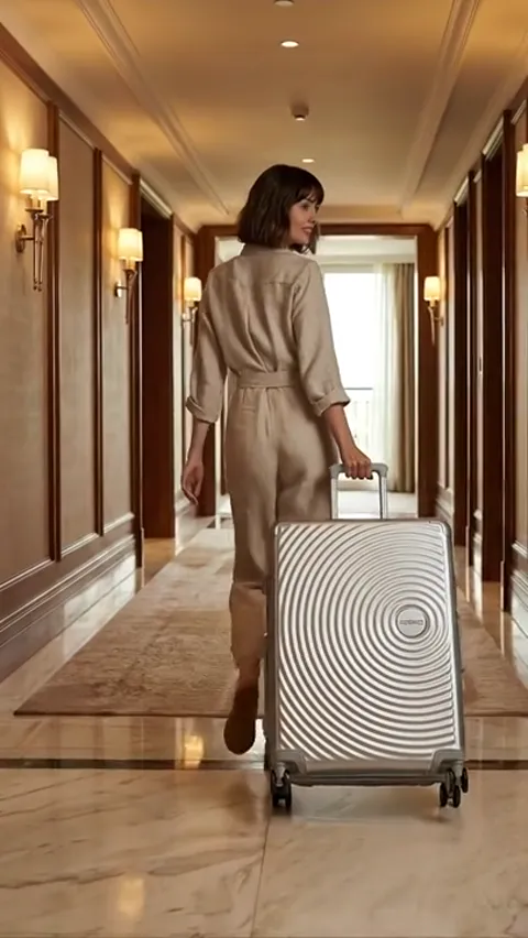 A hotel corridor with sconces and a runner: a woman pulls a large suitcase with concentric ribbing on the shell. Framed 