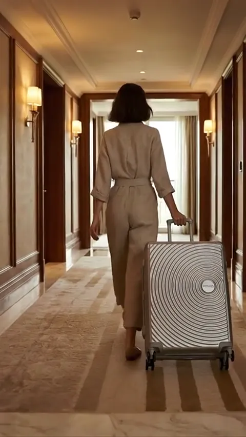 She walks on, the case in profile. Its height against her stature is visible: the shell reaches almost to her hip — this