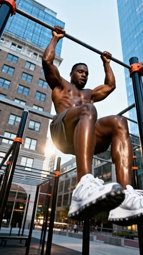 A knees-to-chest raise: the sole turns toward the camera. The deep tread pattern is visible, with lugs of different shap