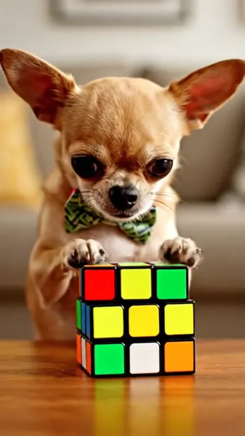 A chihuahua in a bow tie sits at a table with a Rubik's cube in front of it. The dog looks at the camera, paws on the ta