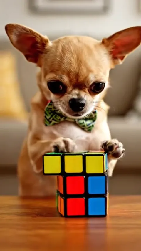 The cube turns — the faces resolve into a new arrangement. The movement belongs to the cube; the paws stay still. The ab