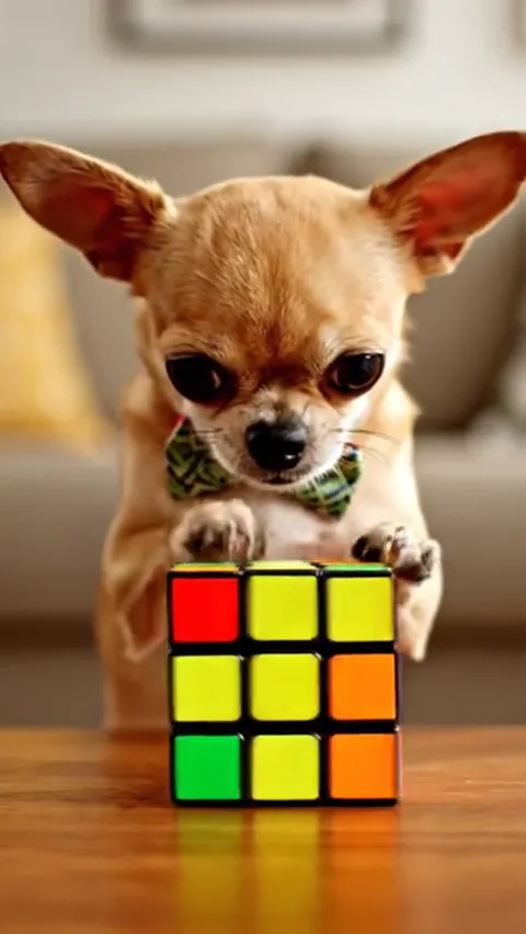 Another turn, the colours lining up. The frame holds both the object and the dog's face in one plane.