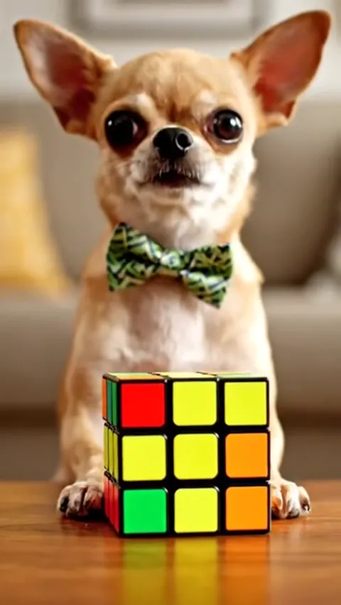 The finale: the cube nearly solved, the chihuahua looking at the camera. Eight seconds have held attention on an object 