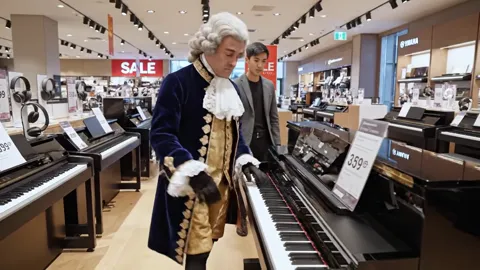 The floor of a music shop: rows of pianos, price tags, sale signs. A man in an eighteenth-century coat and wig stands at
