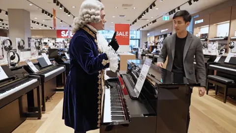 He plays; a salesman in a modern jacket beside him. Two eras in one frame, offered without explanation.