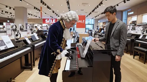 The salesman shows the next instrument, the character listening. The row of pianos recedes — the range is visible, not j