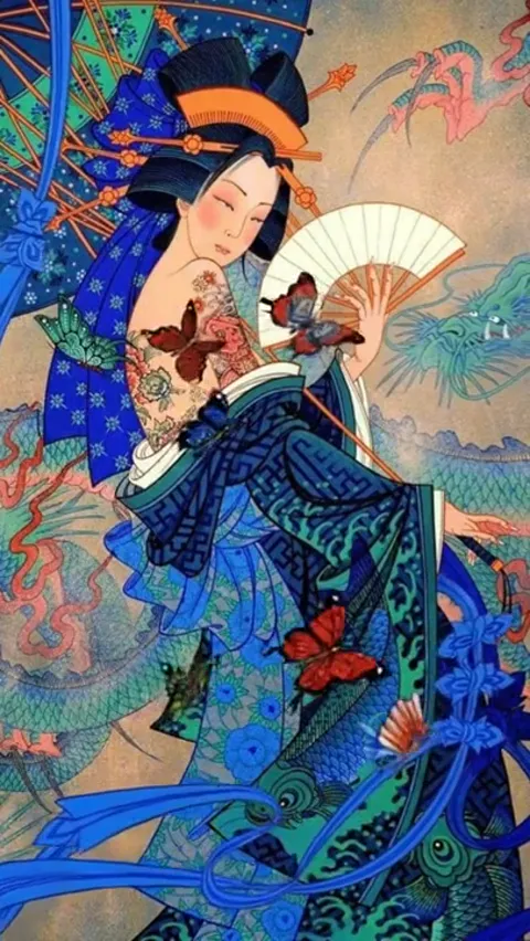 A Japanese-print treatment: a woman in a blue kimono with a fan, a patterned parasol, carp and waves in the ornament. A 