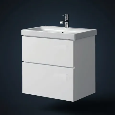 The vanity unit hangs in the air against a dark ground: white gloss fronts in two drawers, a countertop basin, a slim ta