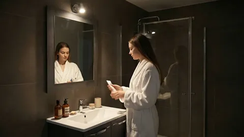 A dark bathroom with a full-wall mirror: a woman in a white robe stands at a vanity with a countertop basin. The mirror 