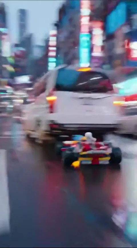 A neon night city, wet asphalt: a racing car built from construction bricks tears along the street. The background smear