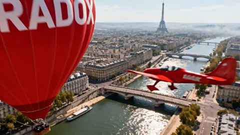 Paris from the air: a red seaplane runs low over the Seine, a lettered balloon to the right, the Eiffel Tower in the dis