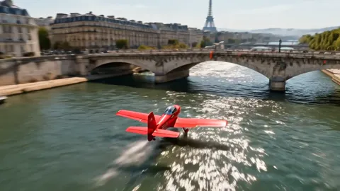 The aircraft drops to the water and throws a wake. The floats touch the river — the descent shown by the trail on the wa