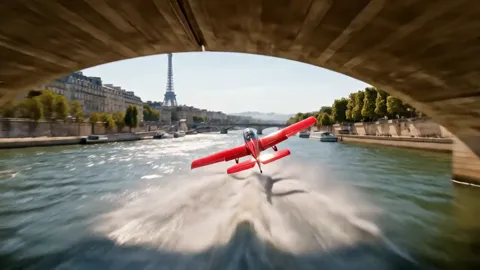 A pass beneath a bridge: the camera under the arch, the aircraft entering the span. A shot impossible in live production