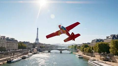The finale: the aircraft climbing away, the tower and bridges below. Eight seconds have assembled a scene that in realit