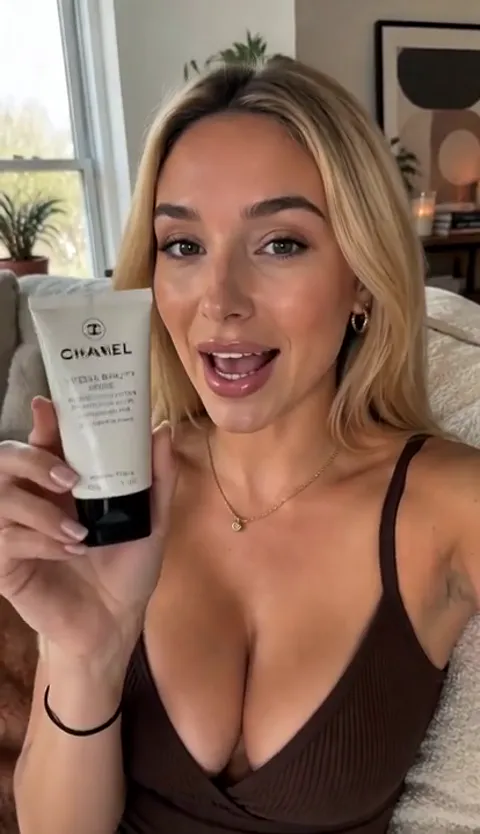 The cream closer to the lens, her face slightly soft. The tube is visibly soft and a little squeezed — the detail that m