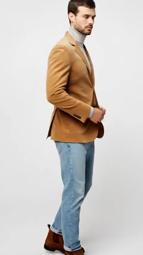 A white studio: a man in a sand corduroy blazer over a grey turtleneck and blue jeans, framed in profile. The blazer is 