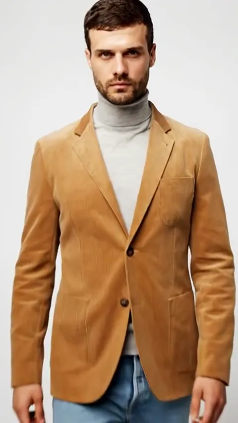 Facing us again, the blazer fastened on one button. The fit across the shoulder reads, the lapel is narrow and the pocke