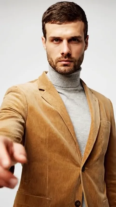 The finale: framed to the chest, the sleeve in motion. Eight seconds have shown the corduroy texture up close — in a wid