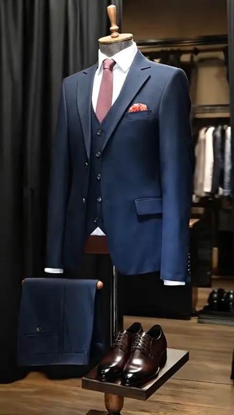 A shop display: a navy suit with waistcoat, white shirt and burgundy tie on a mannequin, a pocket square at the chest. T