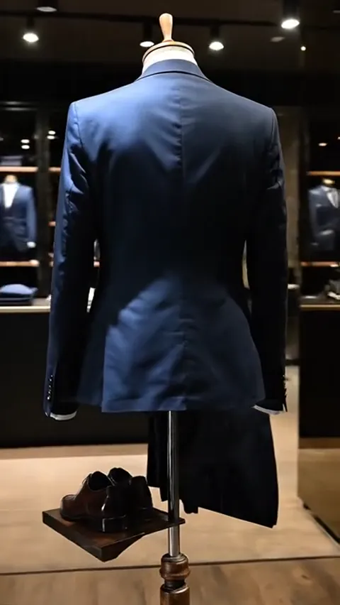 From behind: a jacket back with double vents and an even centre seam. The jacket length against the hip is visible.