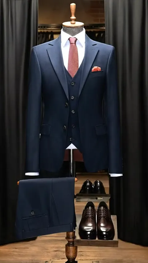 The finale: the suit facing us again, the whole set in frame. Eight seconds have shown the three-piece as one item — a l