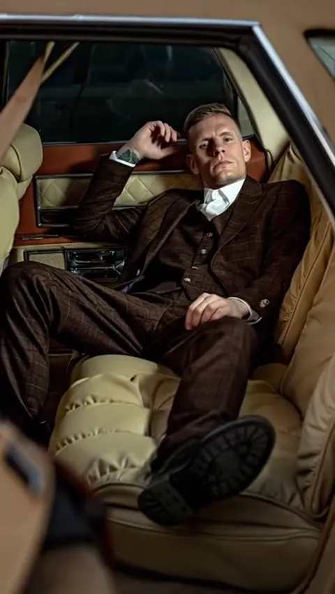 The interior of an old car with leather seats: a man in a brown checked suit reclines across the back bench, elbow on th