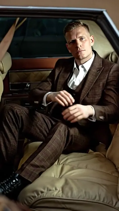 He sits upright, hands on his knee. The sleeve length reads, and the shirt cuff shows by a finger's width.