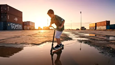 A port after rain, the setting sun in the puddles: a boy in a t-shirt rides a scooter across wet concrete. The reflectio