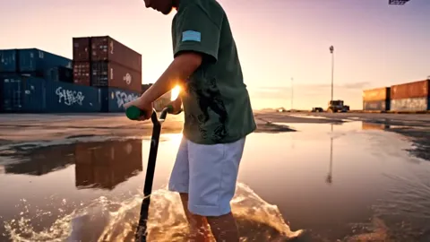 He rides through a puddle, spray from the wheels. The t-shirt does not ride up in motion: the hem stays put, so the cut 