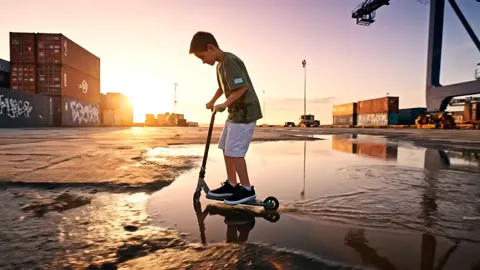 The finale: the boy on the scooter in backlight. The setting sun repaints the fabric heavily — the case where the colour