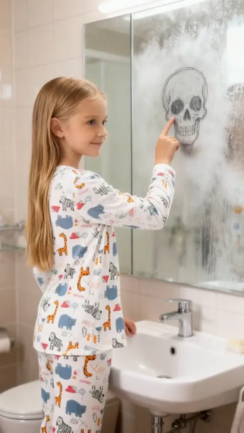A steamy bathroom: a girl in pyjamas printed with small animals stands at a fogged mirror, drawing with her finger.