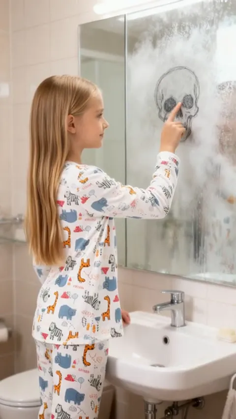 A skull emerges on the mirror. The turning point: until now the clip looked like a childrenswear advert; from here it is