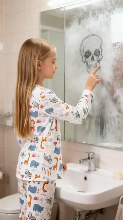 She finishes the drawing, framed in profile. The sleeve length reads, and the pyjamas are loose: the cuff reaches the wr