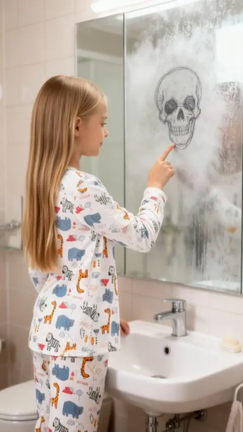 The finale: the drawing done, the girl looking at it. Five seconds have shown pyjamas where they are worn — in a bathroo